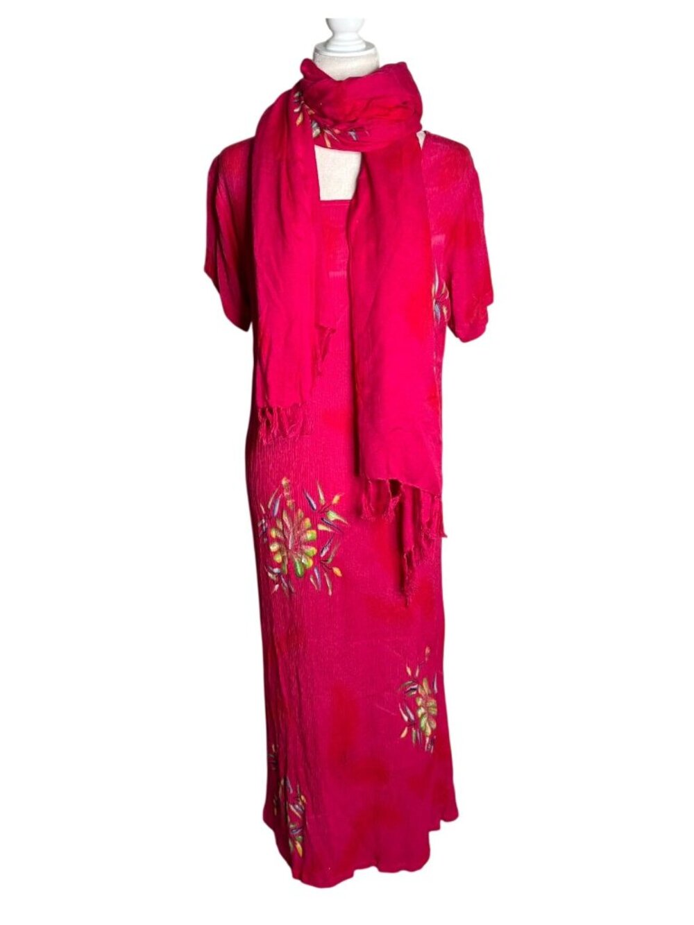 Vintage 90s Tropical Batik Floral Dress Scarf Set One Size Pink Hand Painted